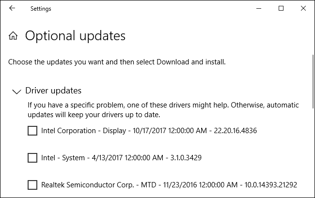 Atualizações de driver opcionais exibidas no aplicativo Configurações do Windows 10.
