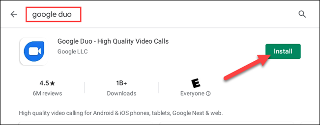Pesquise por "Google Duo" e clique no botão "Instalar"