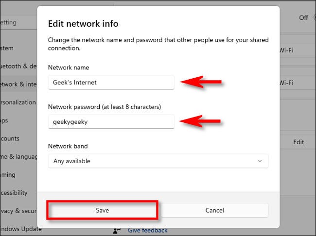 Edite as configurações de rede do ponto de acesso móvel e clique em "Salvar".