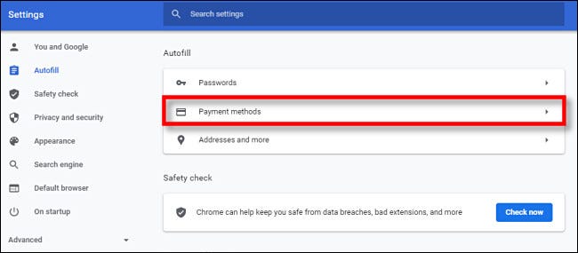 Nas configurações do Google Chrome, clique em "Métodos de pagamento".