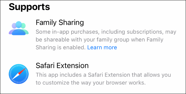 O suporte de extensão é mostrado na lista de aplicativos na App Store