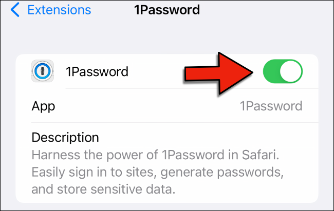 Toque no botão de alternância para habilitar a extensão nas configurações do Safari