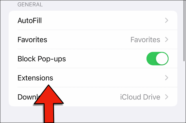 Toque em Extensões nas configurações do Safari