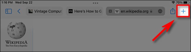 No Safari no iPad, com a barra de guias compacta, toque no botão de adição para abrir uma nova caixa de pesquisa.