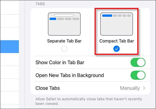 Nas configurações do Safari, selecione "Compact Tab Bar"