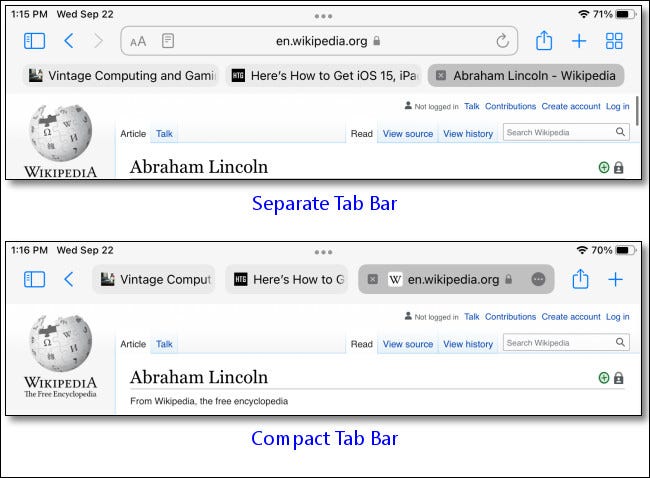 Um exemplo da "Barra de guias separadas" vs. a "Barra de guias compactas".
