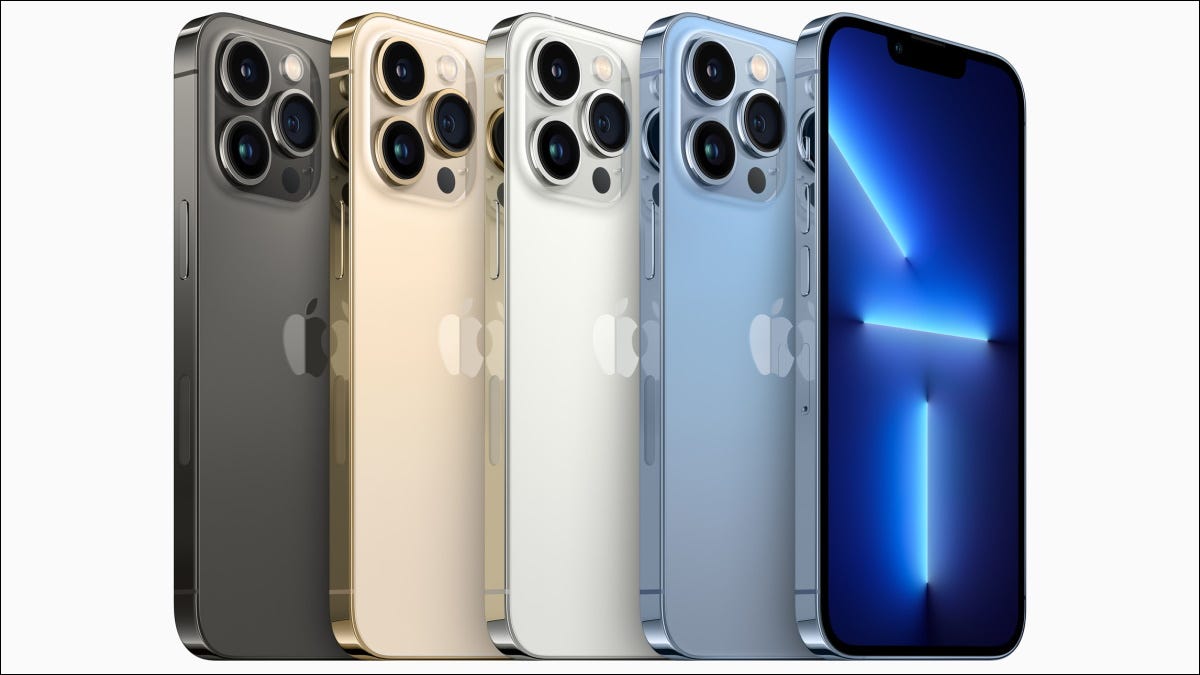 Linha de telefones iPhone 13 Pro da Apple em quatro cores.