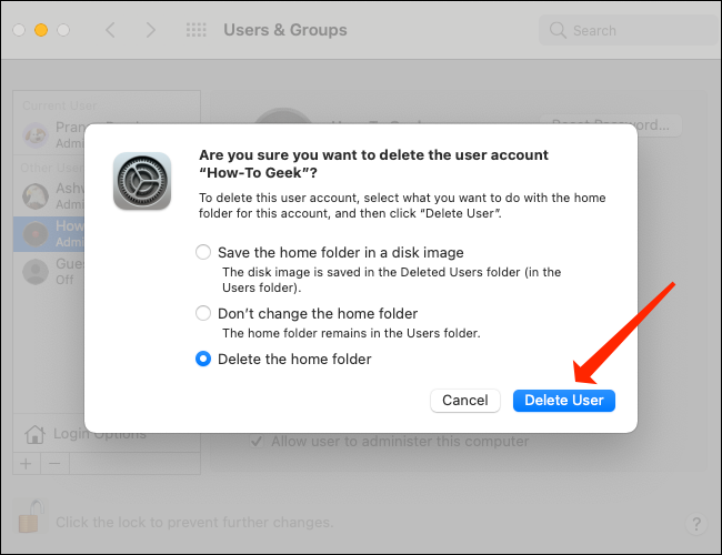 Clique em “Excluir usuário” para remover uma conta de usuário em um Mac.