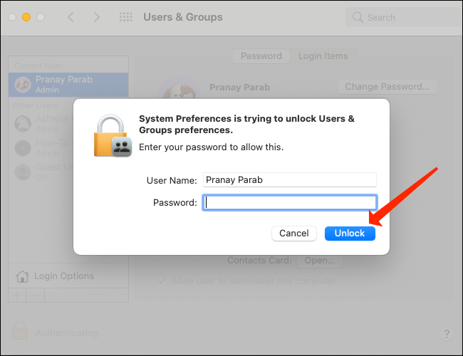 Digite a senha da sua conta de usuário no Mac e clique em “Desbloquear”.