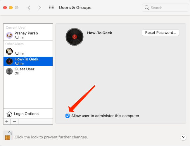 Marque "Permitir que o usuário administre este computador" para conceder privilégios de administrador a qualquer conta de usuário.