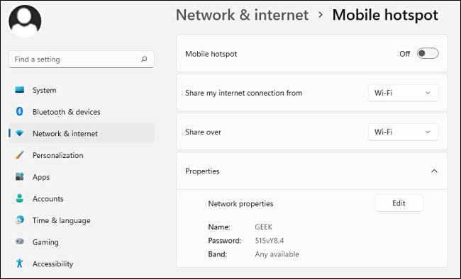 Uma visão geral das opções de hotspot móvel do Windows 11.