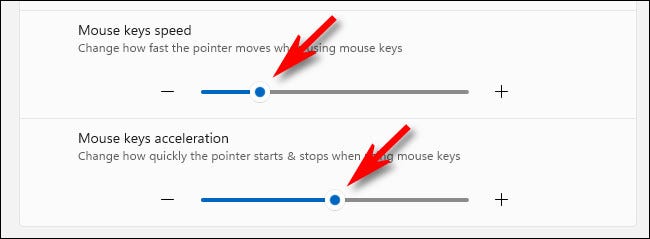 Use os controles deslizantes de velocidade e aceleração do mouse para fazer o ponteiro do mouse se mover mais rápido ou mais devagar.