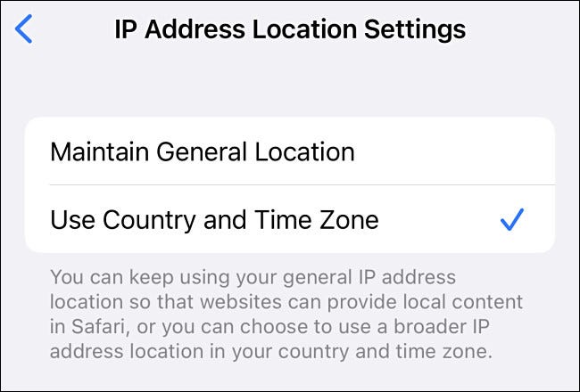 Apple Private Relay "Configurações de localização do endereço IP"