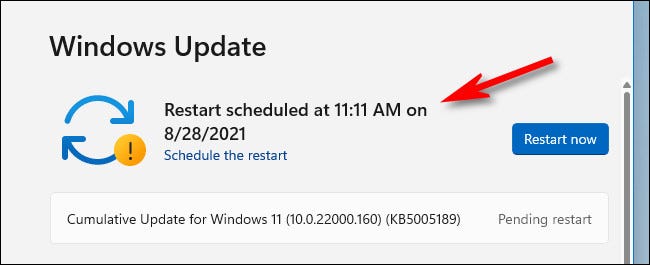 A reinicialização agendada será confirmada em uma mensagem na página do Windows Update.