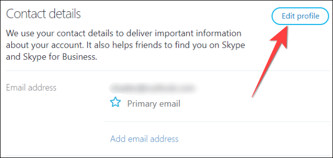 Selecione "Editar perfil" ao lado da seção "Detalhes do contato" em seu perfil do Skype.