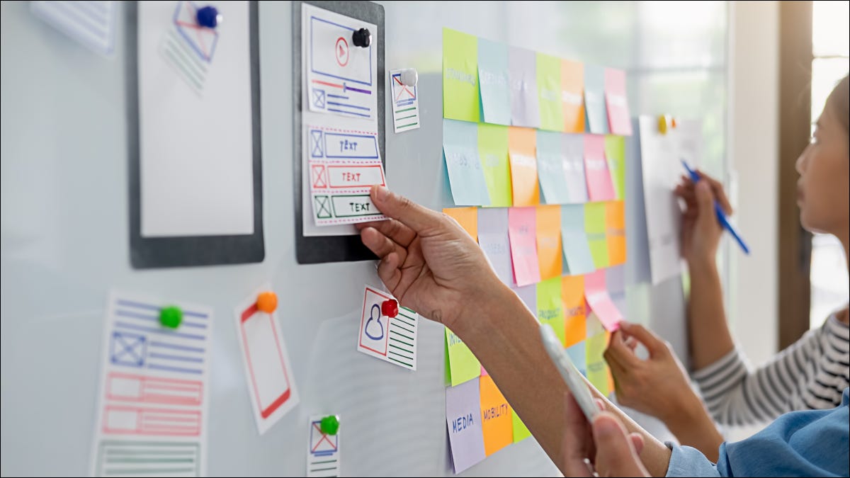 Web designers trabalhando em planos de experiência do usuário em um quadro branco.