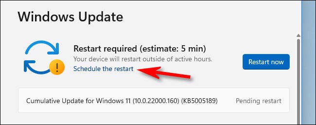 No Windows Update, clique em "Agendar a reinicialização".