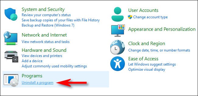 No Painel de Controle, clique em “Desinstalar um Programa”.