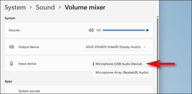 No Mixer de Volume, selecione um microfone com o menu suspenso "Entrada".