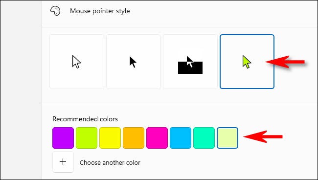 Escolha uma cor para o ponteiro do mouse.