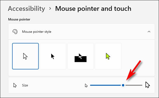 Use o controle deslizante "Tamanho" para aumentar ou diminuir o cursor do mouse.