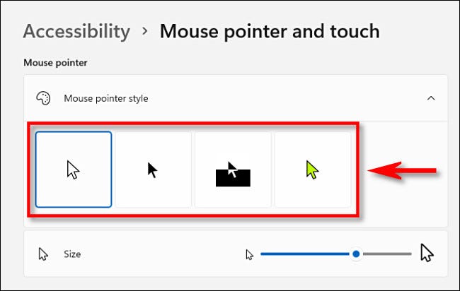 Escolha um estilo de ponteiro do mouse.