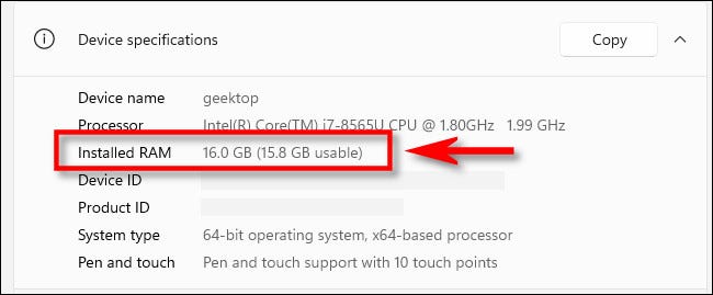 A quantidade de RAM em um PC exibida em Especificações do dispositivo.