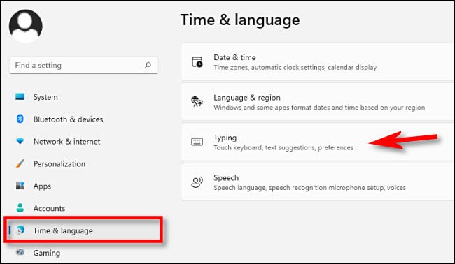 Em Configurações, clique em "Hora e idioma" e selecione "Digitação".