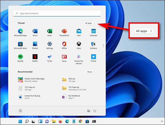 Clique em "Todos os aplicativos" no menu Iniciar do Windows 11.