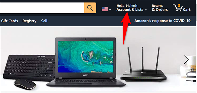 Clique em "Conta e listas" no site da Amazon.