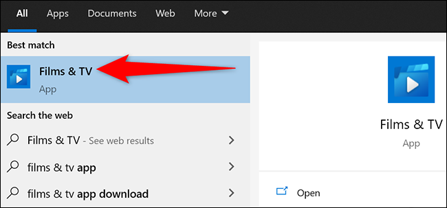 Selecione "Filmes e TV" no menu Iniciar do Windows 10.
