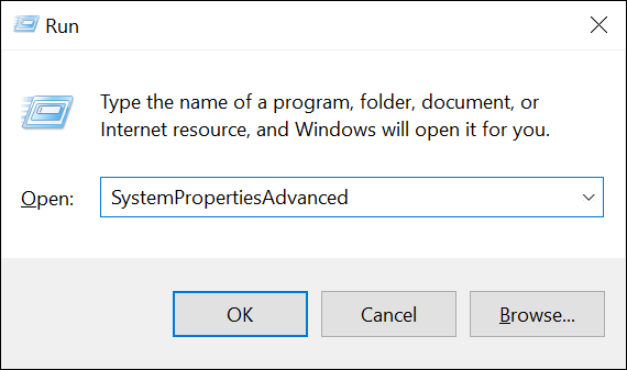 Digite “SystemPropertiesAdvanced” em “Executar” e pressione Enter.