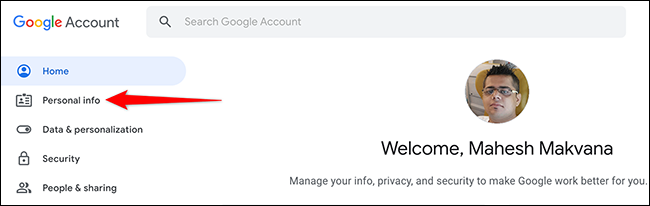 Clique em "Informações pessoais" no site da Conta do Google.