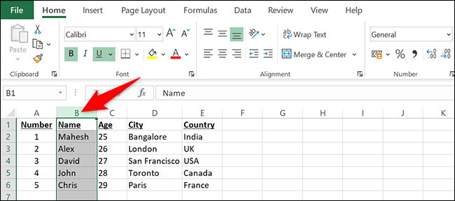 Selecione uma coluna no Excel.