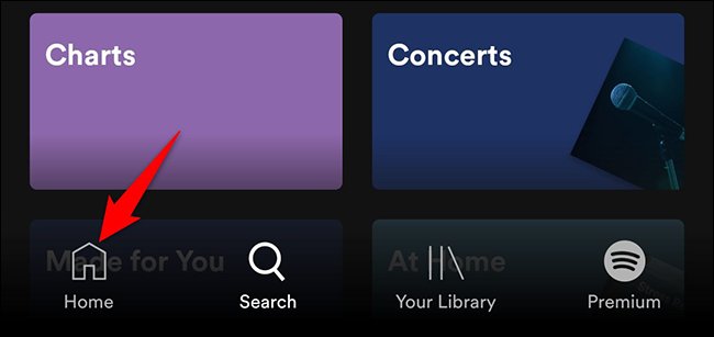 Toque em "Casa" no Spotify no celular.