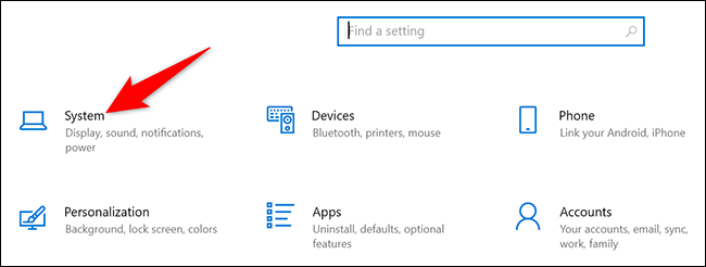Clique em “Sistema” em Configurações no Windows 10.