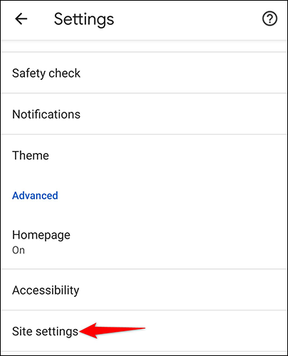 Toque em "Configurações do site" na página "Configurações" no Chrome no Android.