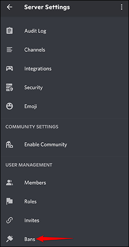 Toque em "Bans" na página "Configurações do servidor" no Discord no celular.