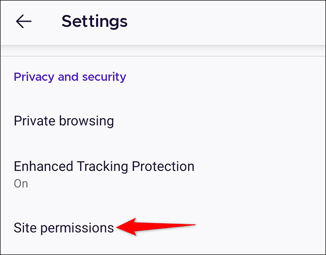Toque em "Permissões do site" na página "Configurações" do Firefox no Android.