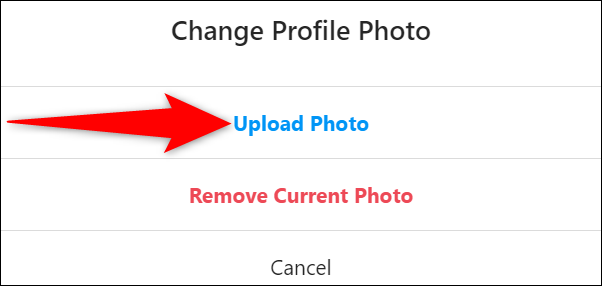 Selecione "Carregar foto" no prompt "Alterar foto do perfil" no site Instagram.
