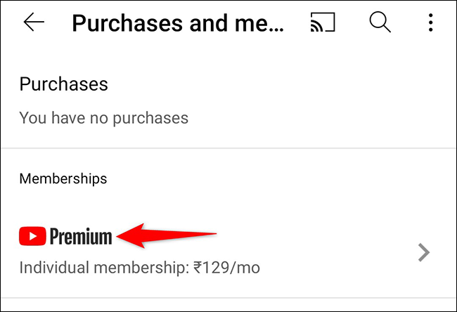 Toque em "Premium" na seção "Assinaturas" do app do YouTube.