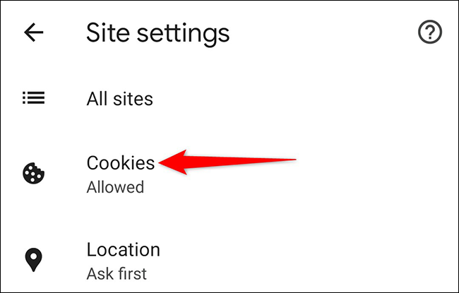 Toque em "Cookies" na página "Configurações do site" no Chrome para celular.