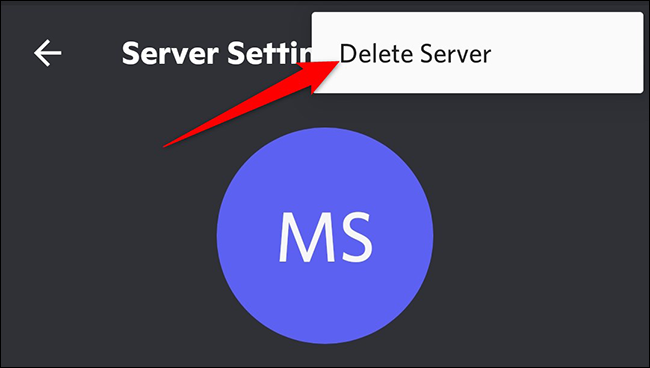 Toque em "Excluir servidor" no menu de três pontos na página "Configurações do servidor" no Discord no celular.