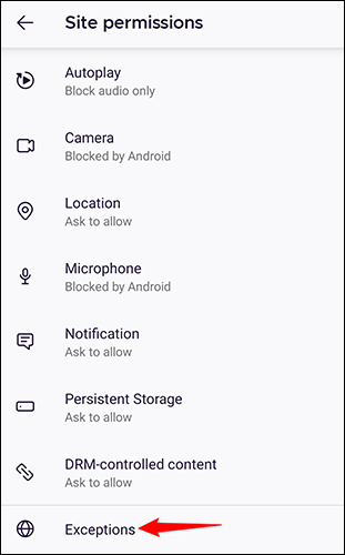 Toque em "Exceções" na página "Permissões do site" no Firefox no Android.