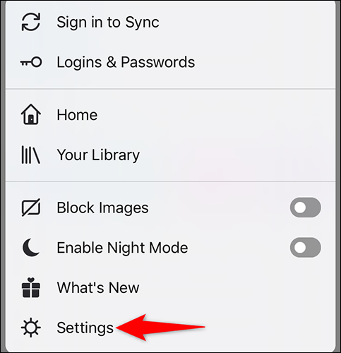 Selecione "Configurações" no menu do Firefox no iPhone.