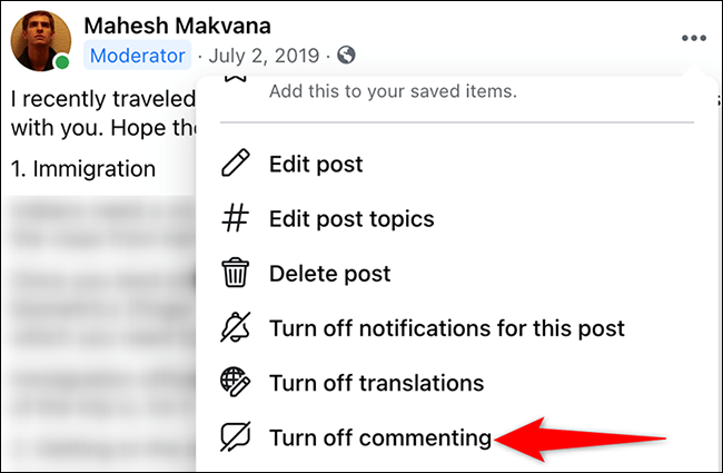 Selecione "Desativar comentários" no menu de três pontos para uma postagem no Facebook.
