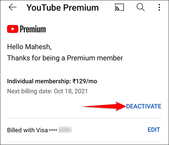 Toque em "Desativar" na página "YouTube Premium" do app do YouTube.