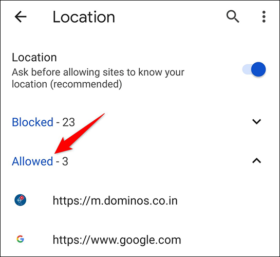 Uma lista de sites que podem acessar a localização do usuário no Chrome no Android.