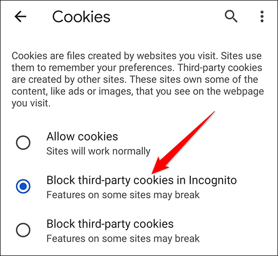 Ative a opção "Bloquear cookies de terceiros em modo anônimo" na página "Cookies" do Chrome no celular.