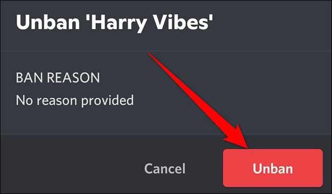 Toque em "Unban" no prompt "Unban" no Discord no celular.